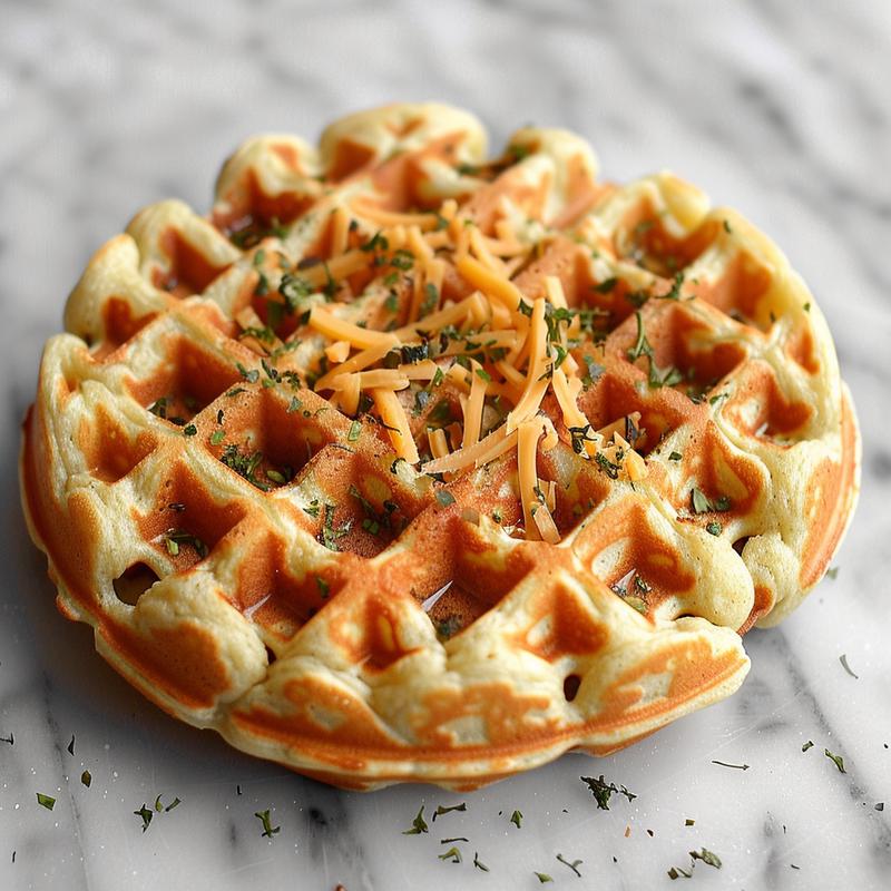 Close-up of savory waffles with cheese and veggies on white marble.