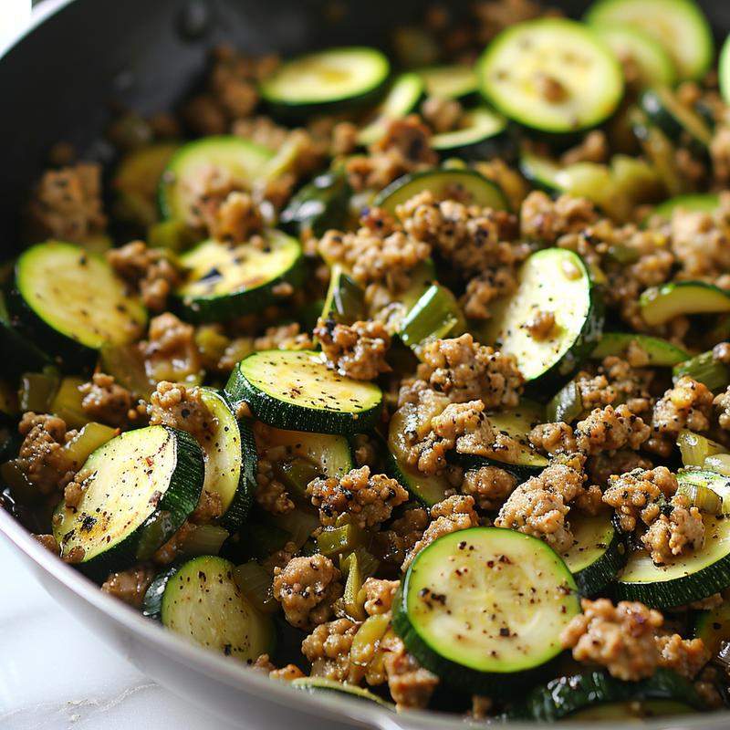 Close-up of ground turkey and zucchini skillet dish.