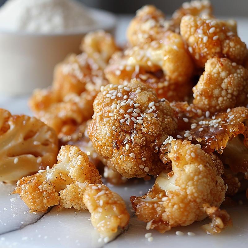 Close-up of sticky sesame cauliflower florets on white marble.