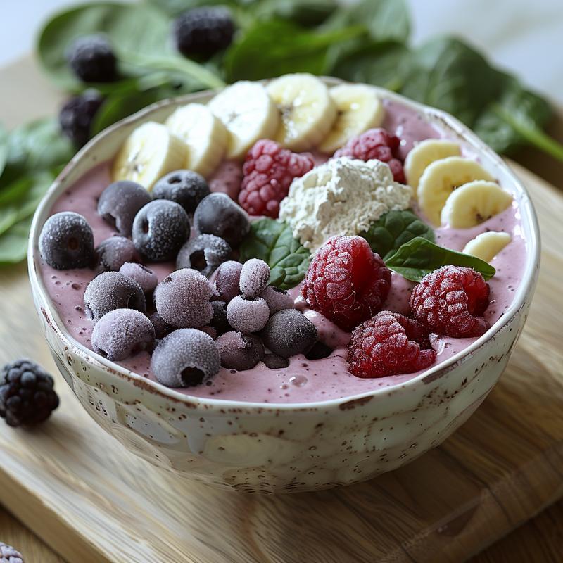 Close-up of a vibrant smoothie bowl with visible frozen fruits, spinach, and protein powder on a light wood surface.