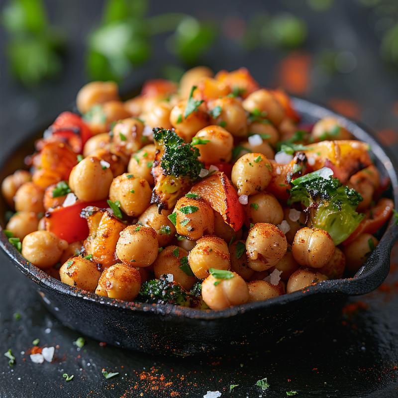 Close-up of roasted chickpeas and vegetables in a bowl.