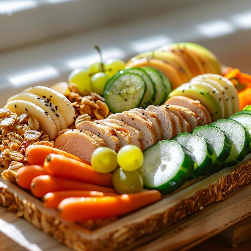 Close-up of a teen's cold lunchbox with sandwich, fruit, vegetables, snack, and drink on wood.