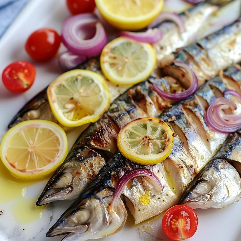 Close-up of baked mackerel with lemon, tomatoes, and red onion on marble.