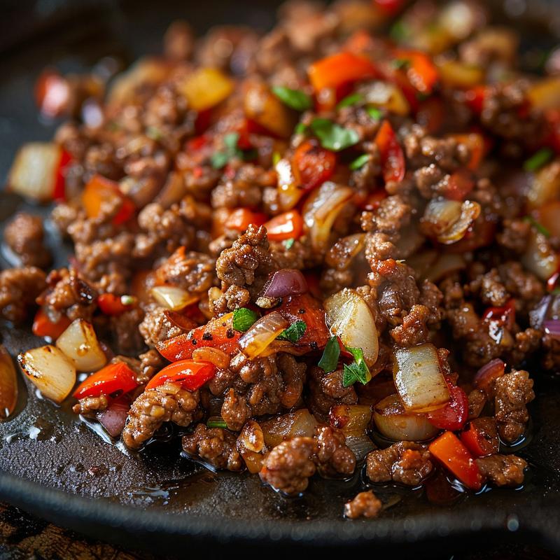 Close-up of Mediterranean ground beef stir-fry with visible ingredients.