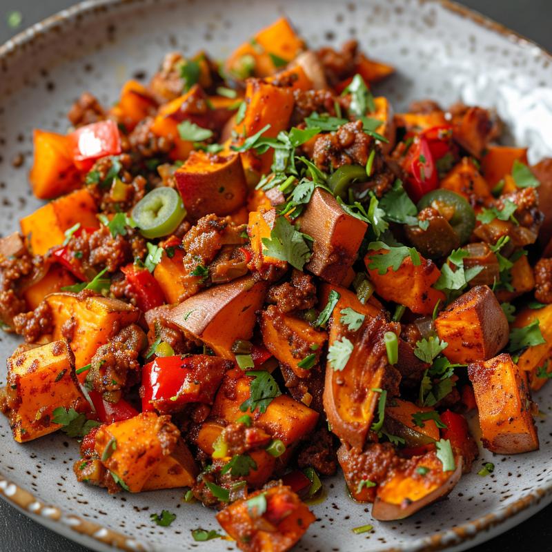 Close-up of colorful sweet potato taco bowl.