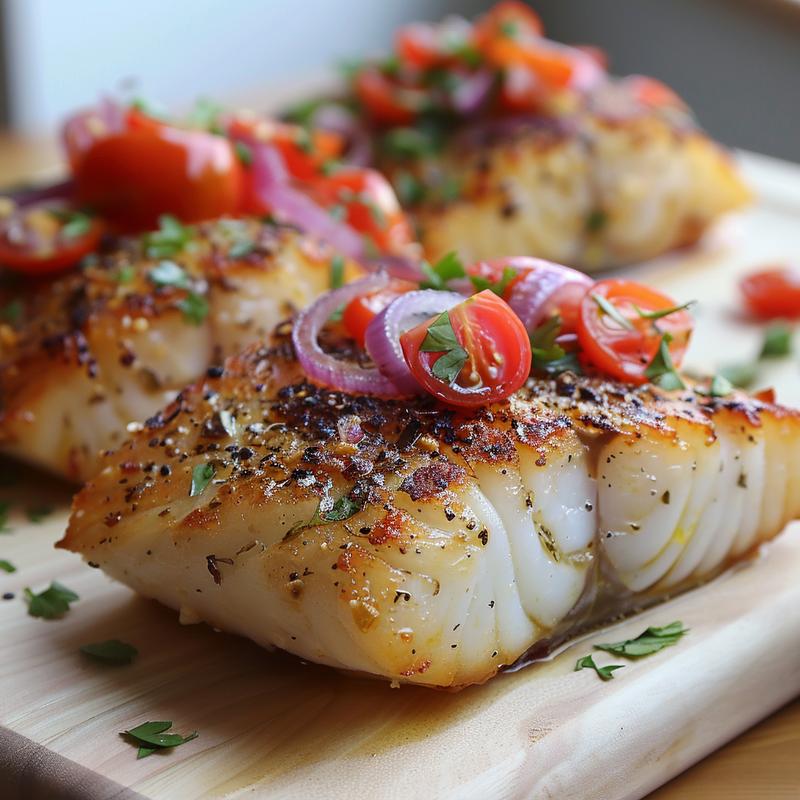 Close-up of Mediterranean baked cod with tomatoes and onions on wood.