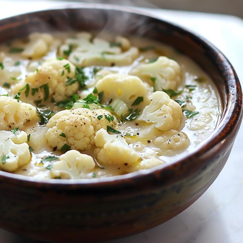 Steaming bowl of creamy white cauliflower soup on marble.