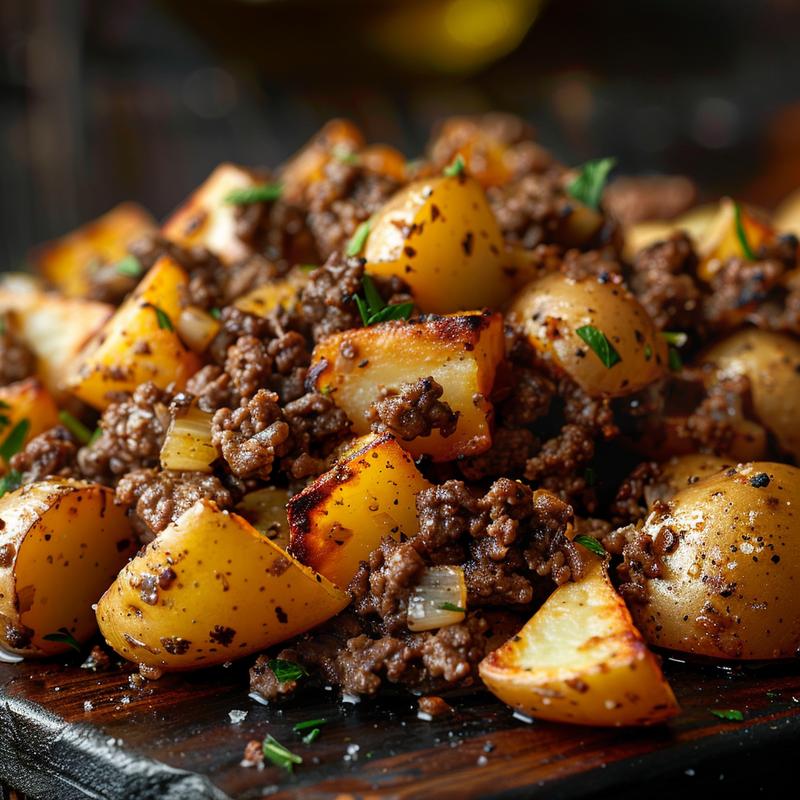 Close-up of ground beef and potatoes in a rustic setting.