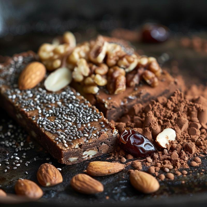 Close-up of dark brownie energy bars with visible nuts and seeds.