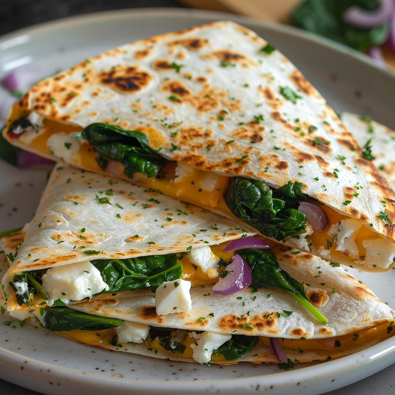 Close-up of a Mediterranean quesadilla with spinach, feta, mozzarella, and red onion on a light grey plate.