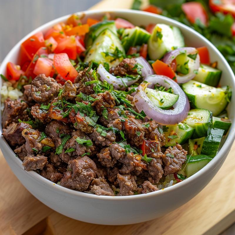 Close-up of a Mediterranean lamb bowl with ground lamb, fresh vegetables, and Greek flavors on a light wood board.