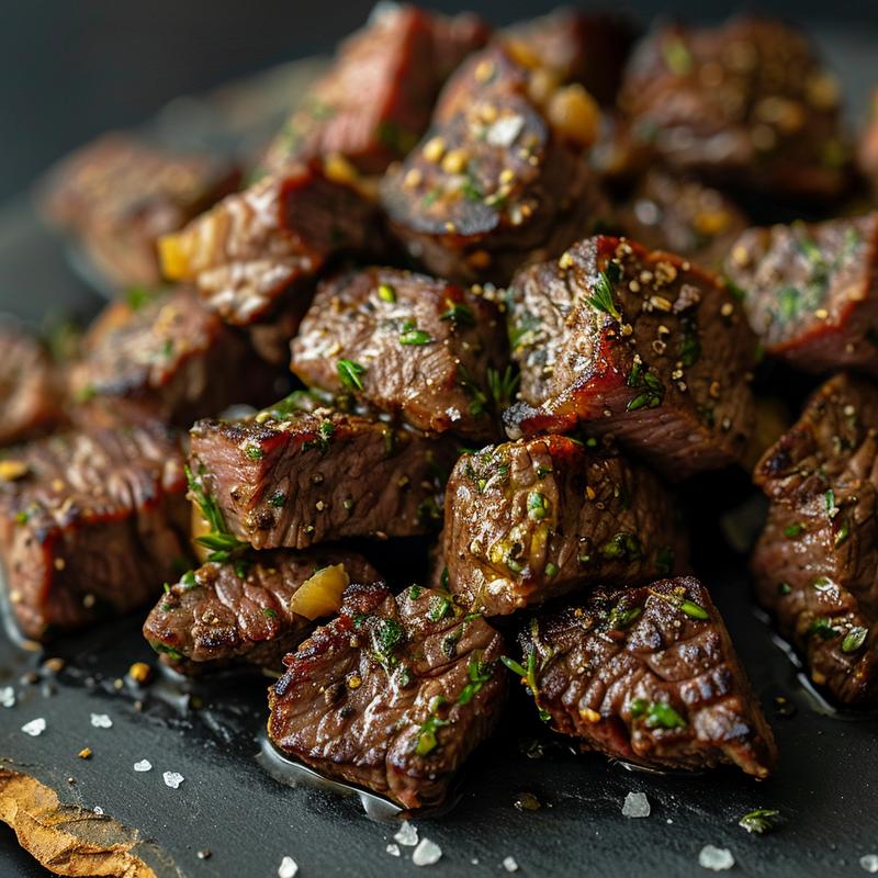 Close-up of a Mediterranean steak bowl with visible steak bites.