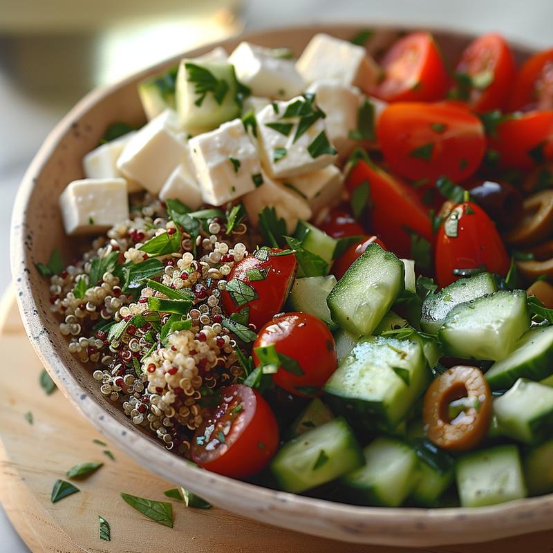 Close-up of a Mediterranean bowl with quinoa, cucumber, tomatoes, feta, and olives on a wooden board.