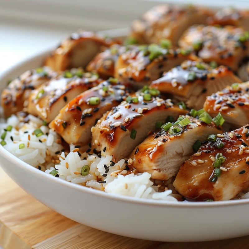 Close-up of teriyaki chicken and rice in a meal prep bowl.