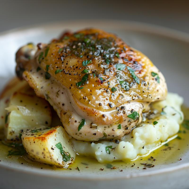 Close-up of creamy herb chicken and glazed mashed potatoes on a light grey plate.