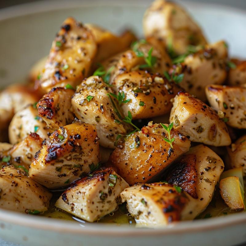Close-up of a Mediterranean chicken bowl with visible chicken, olive oil, and lemon juice.