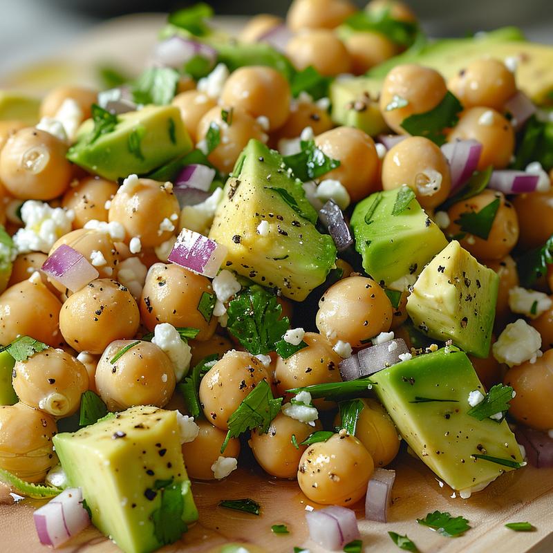 Close-up of chickpea feta avocado salad showing visible ingredients.