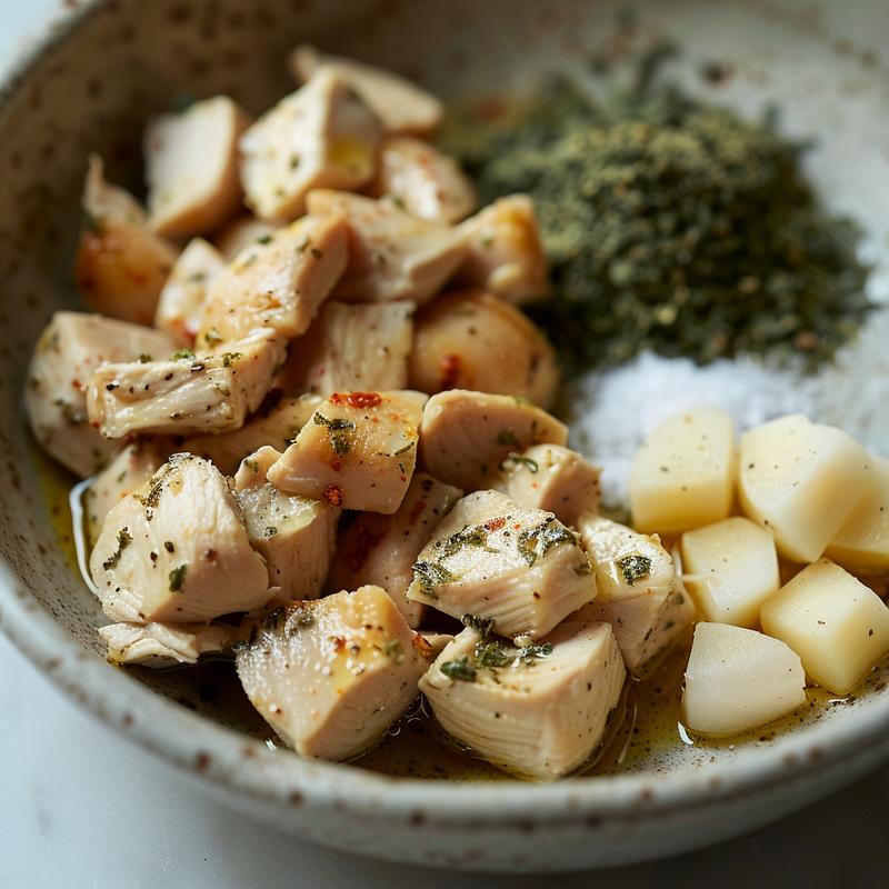 Close-up of a Mediterranean chicken bowl with visible chicken pieces, olive oil, and spices on a white marble surface.