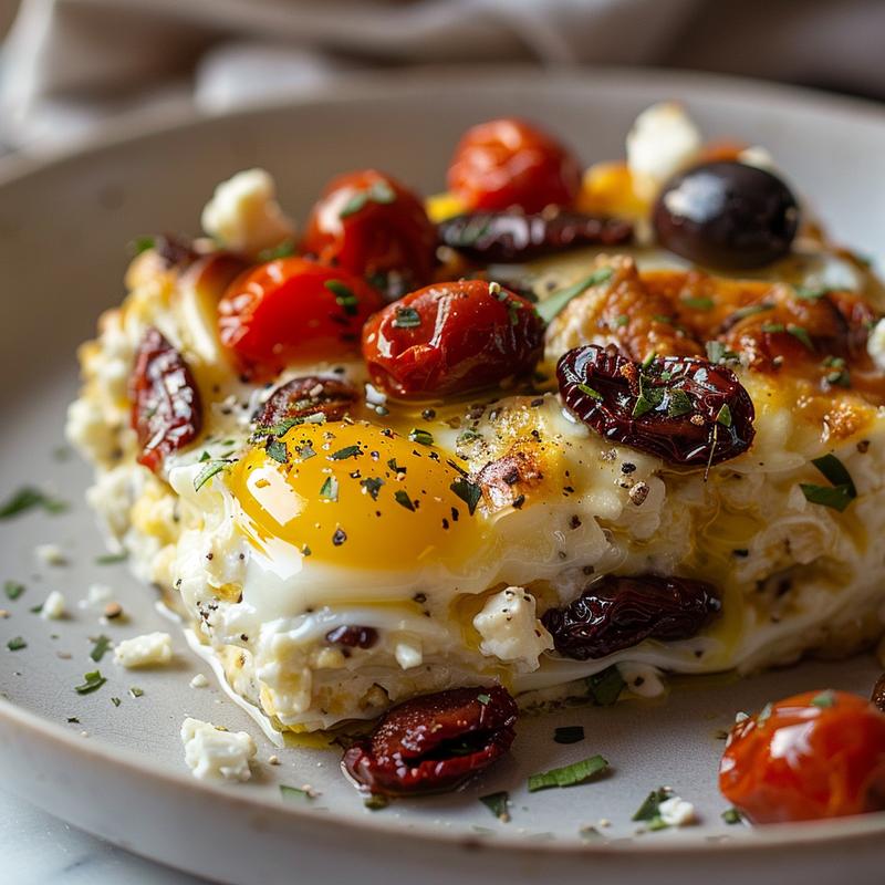 Close-up of a Mediterranean breakfast casserole on a light grey plate.