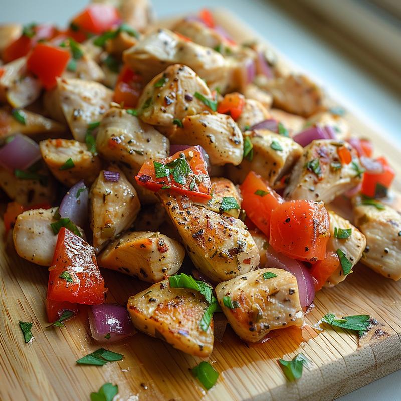 Close-up of Mediterranean chicken with red bell peppers and tomatoes on wood.