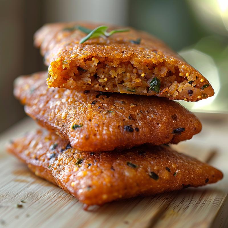 Close-up of a golden-brown medu vada on a light wood surface.