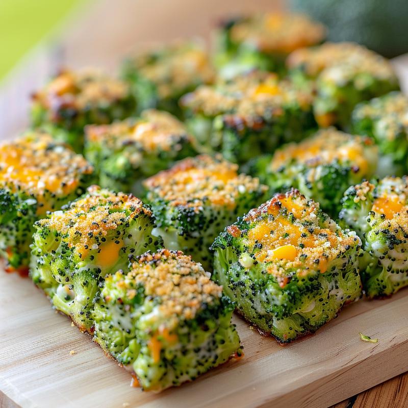 Close-up of golden-brown broccoli tots on a light wood board.