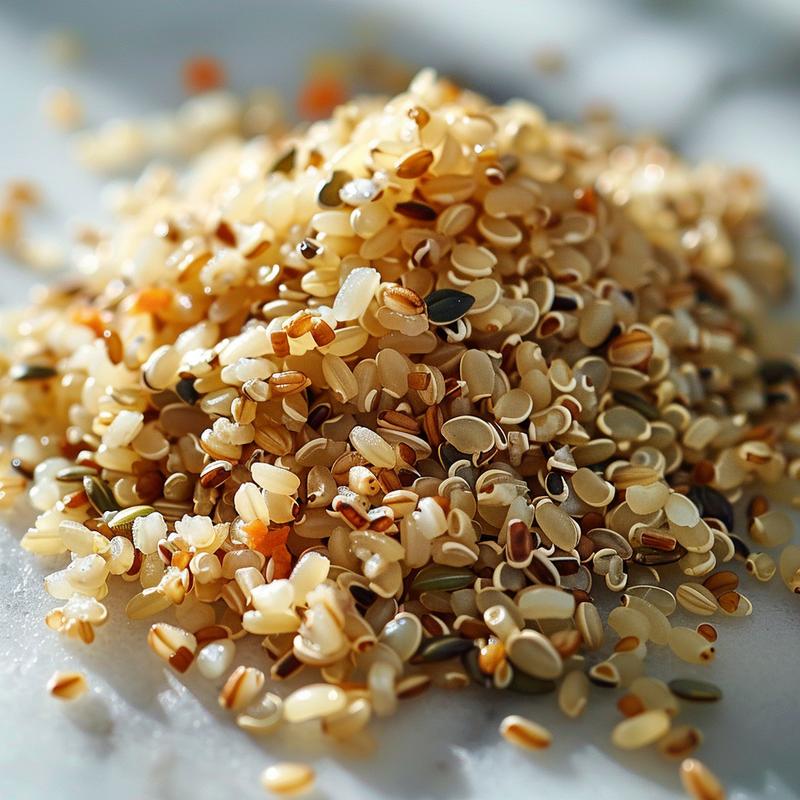 Close-up of grains including brown rice, barley, and quinoa on white marble.