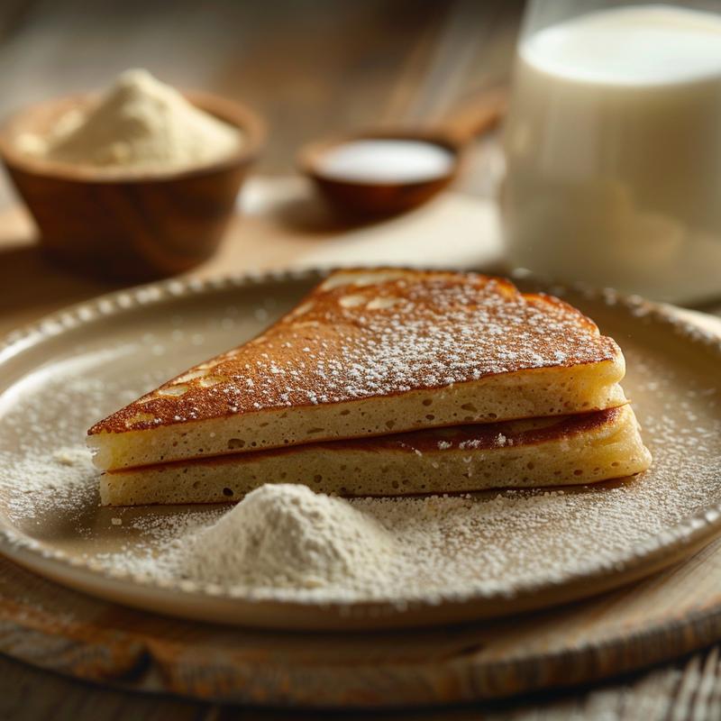 Close-up of a single pancake slice on a light wood board.