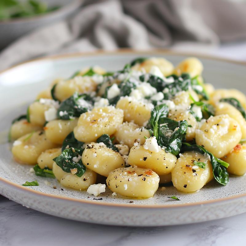 Close-up of creamy gnocchi with spinach and feta on a grey plate.