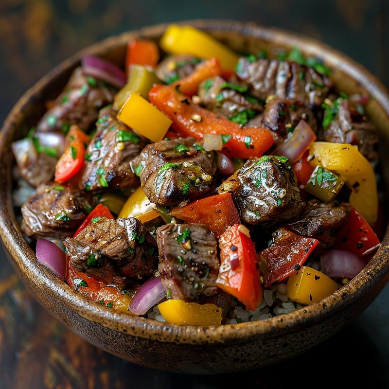 Close-up of a steak bowl with colorful vegetables on a dark wood table.