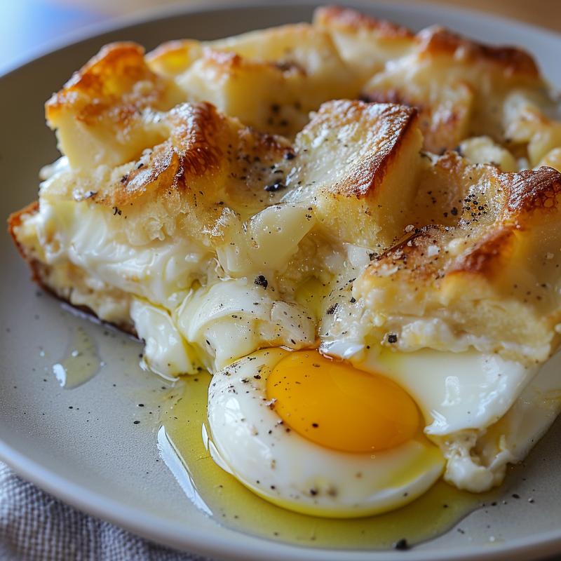 Close-up of a Mediterranean breakfast casserole with visible eggs, vegetables, and light grey plate.