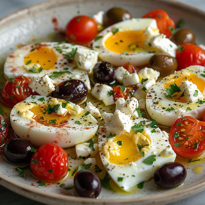 Close-up of baked feta eggs with tomatoes, olives, and olive oil on a grey plate.