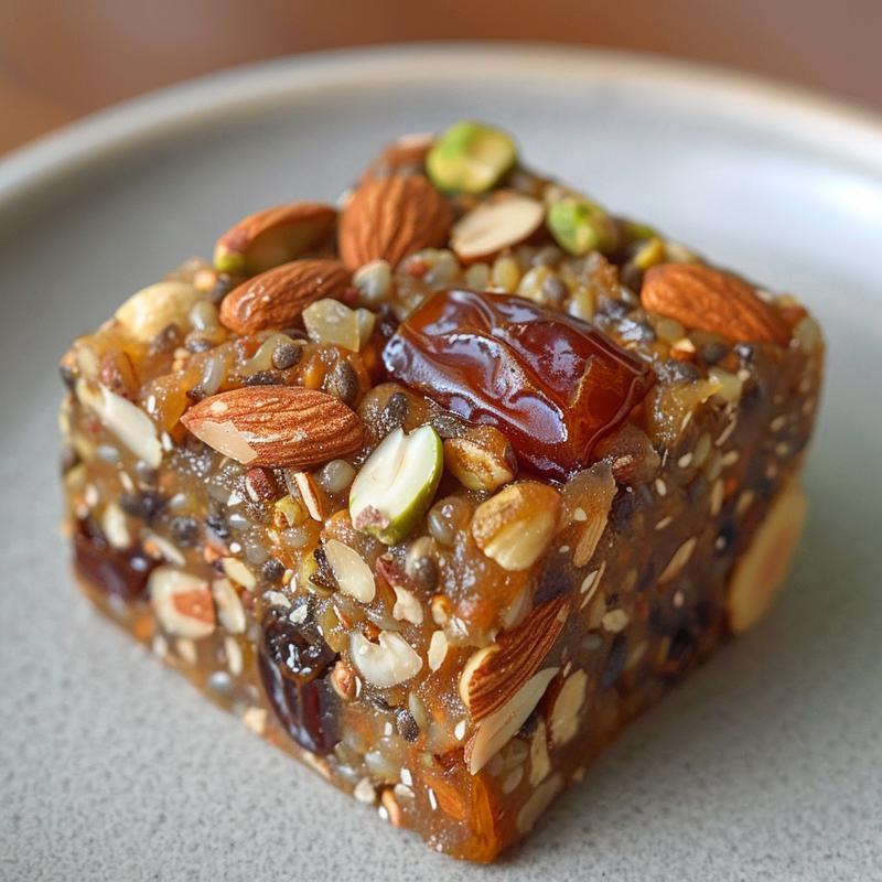 Close-up of a dry fruit laddu on a light grey plate.