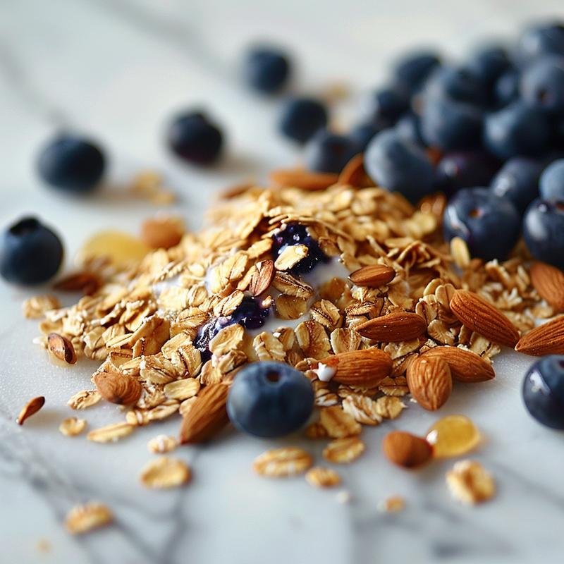 Close-up of berry almond overnight oats showing visible ingredients on white marble.