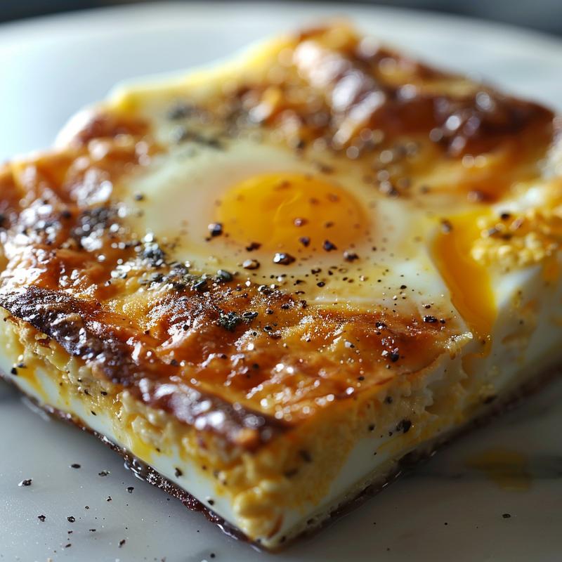 Close-up of a Mediterranean breakfast casserole with visible eggs, vegetables, and seasonings on a white marble surface.