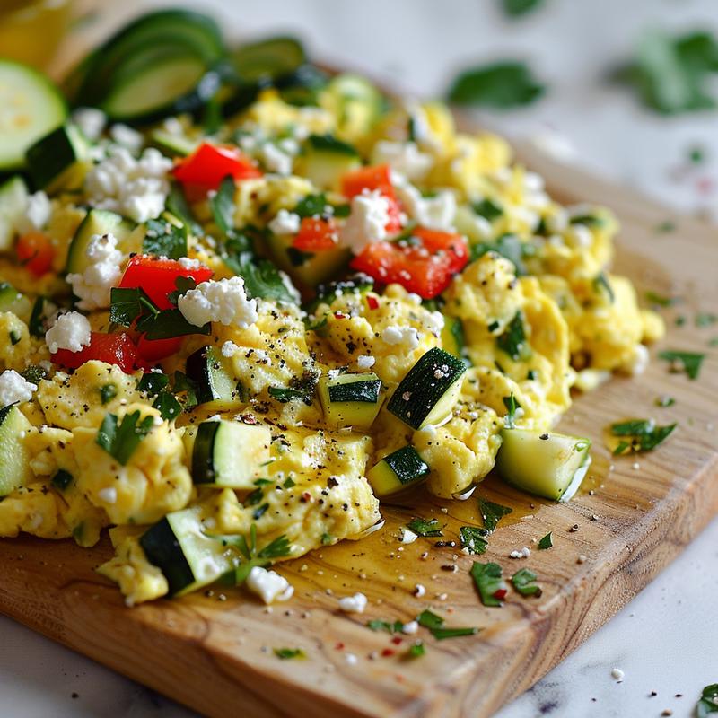 Close-up of veggie scrambled eggs with feta, peppers, and zucchini.
