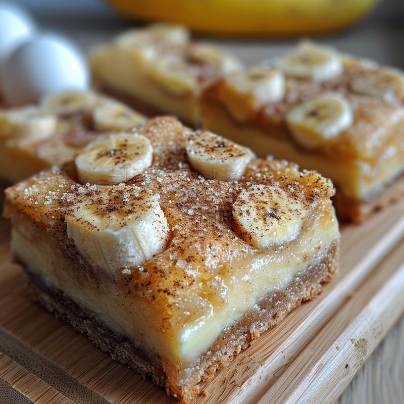 Close-up of a slice of banana bar on a light wood board.