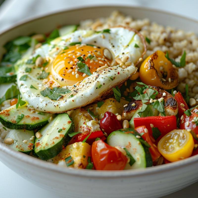 Close-up of a Mediterranean breakfast bowl with visible grains, fresh vegetables, and protein on a white marble surface.