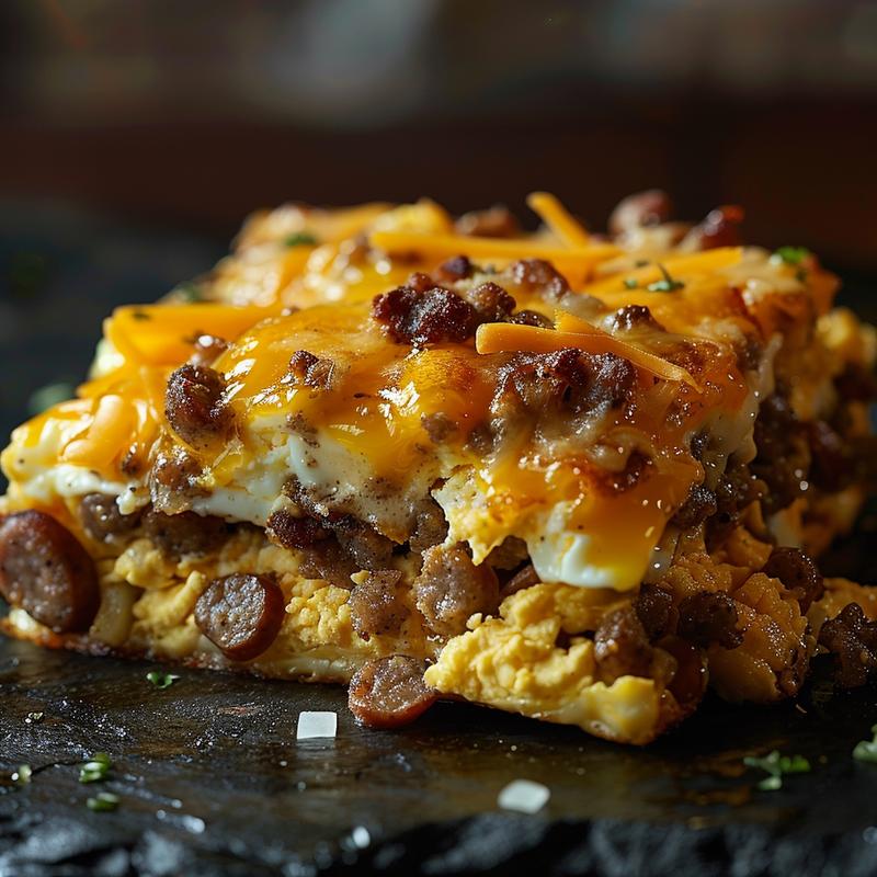 Close-up of a sausage and egg casserole with visible sausage, cheese, and onion.