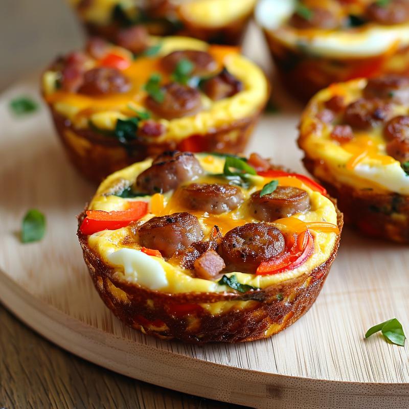 Close-up of colorful breakfast egg muffins on wood.