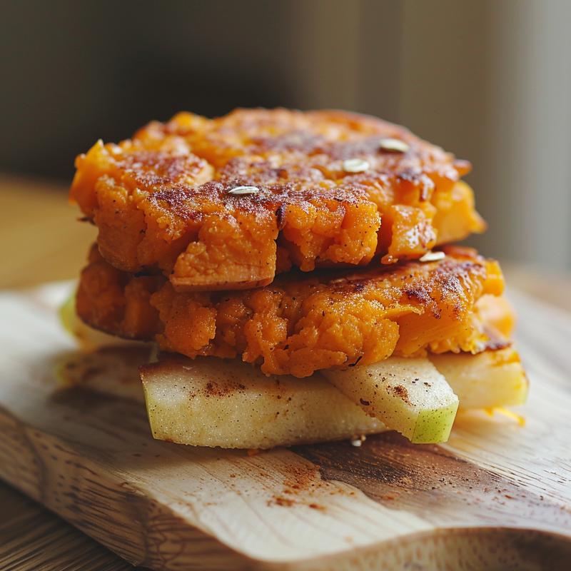 Close-up of sweet potato and apple patties on a light wood board.