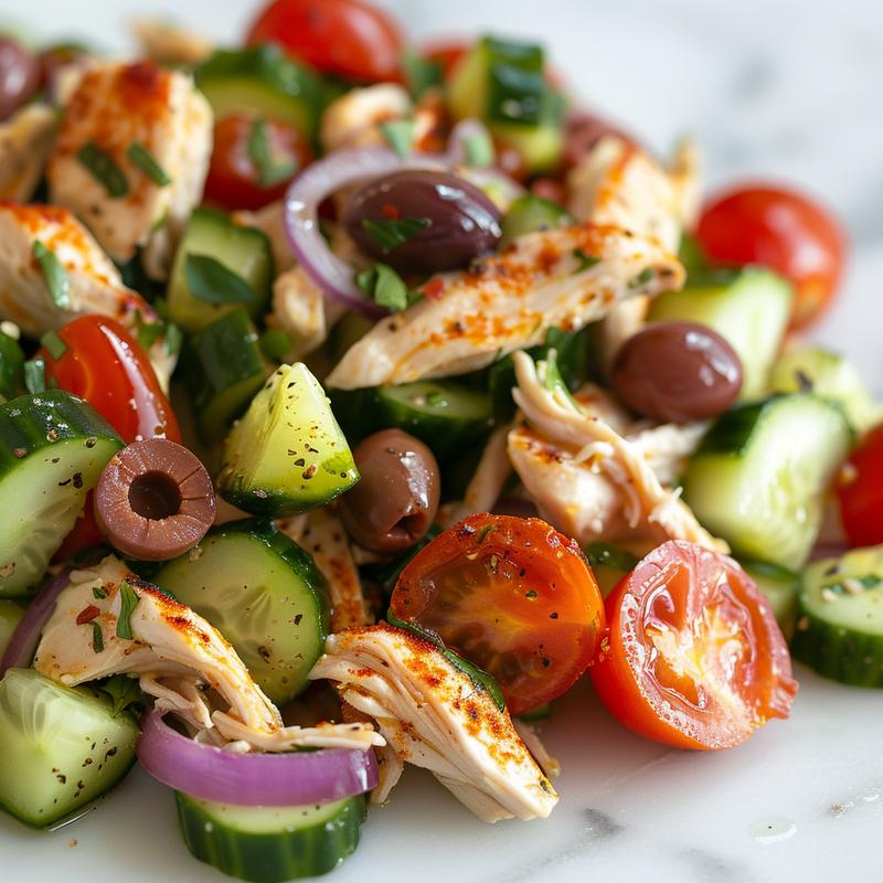 Close-up of Mediterranean chicken salad with visible chicken, cucumber, red onion, olives, and tomatoes on a white marble surface.