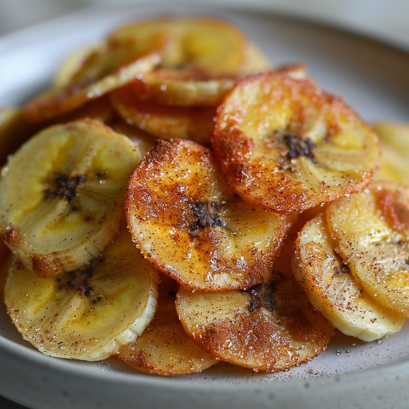 Close-up of homemade banana chips on a grey plate.
