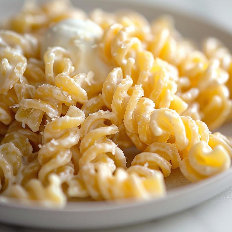 Close-up of creamy pasta salad with rotini shells on white marble.