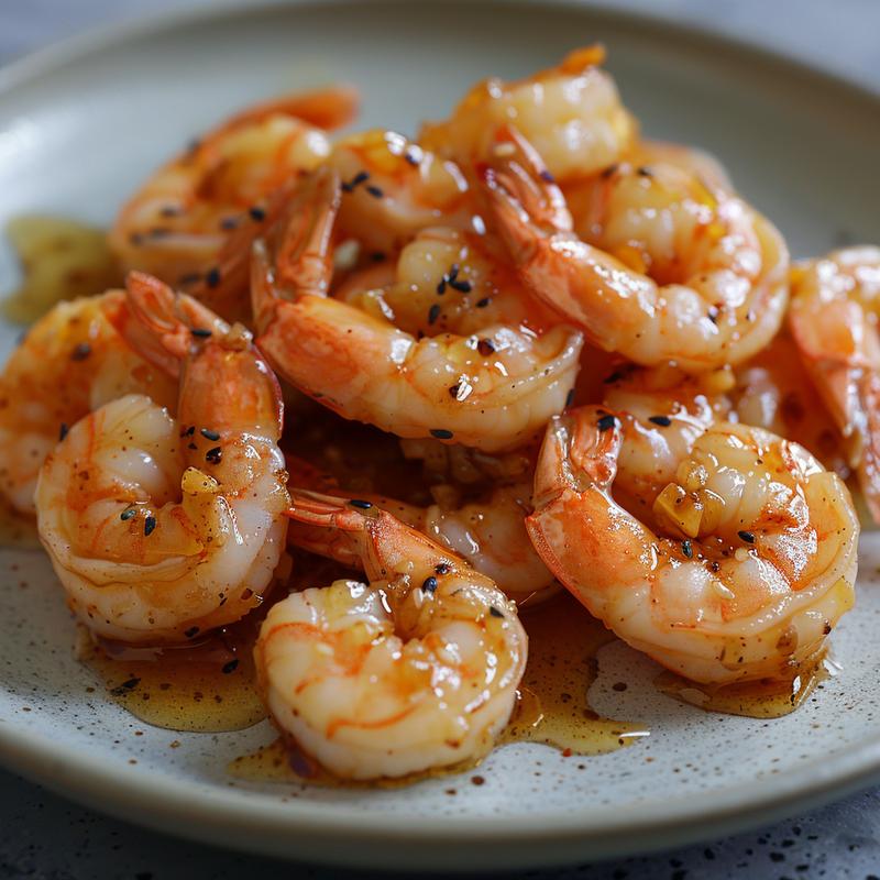 Close-up of honey garlic shrimp on a light grey plate.