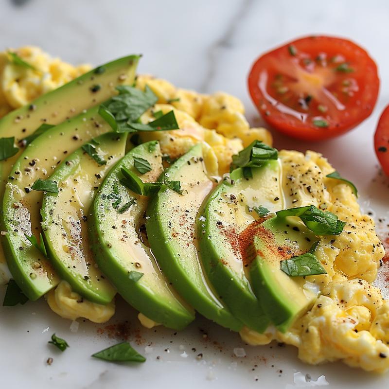 Close-up of scrambled eggs, avocado slices, and seared tomato on white marble.
