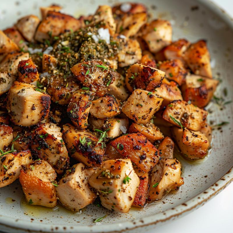 Close-up of Mediterranean chicken bowl with visible chicken, oil, and herbs on a light grey plate.