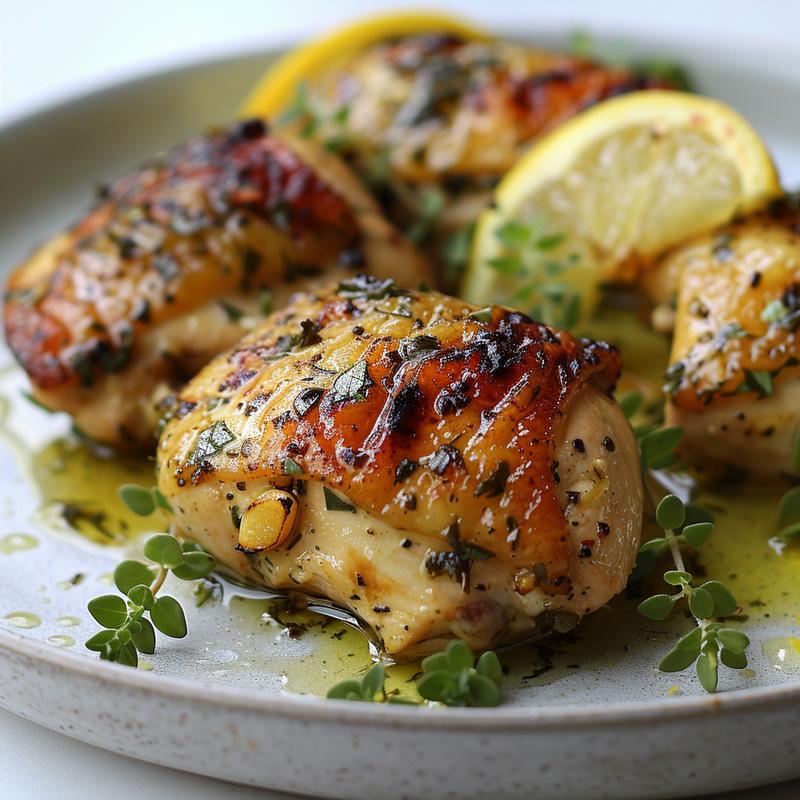 Close-up of lemon herb chicken on a grey plate.
