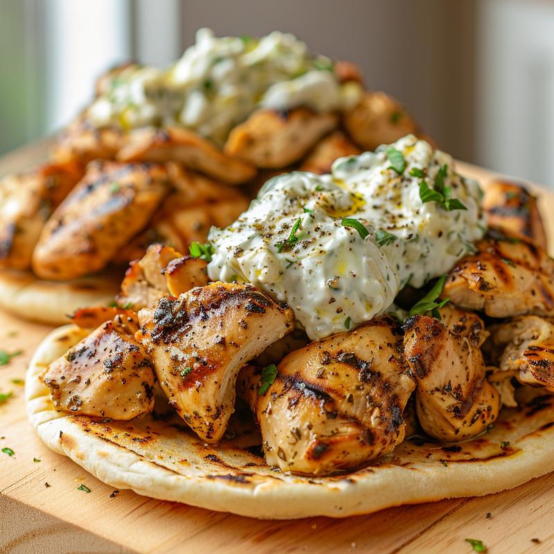 Close-up of Mediterranean chicken gyros with feta tzatziki sauce.