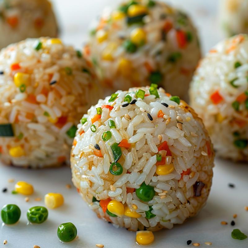 Close-up of veggie rice balls with visible rice and vegetable pieces on white marble.